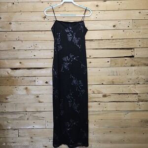 Vintage 90's Y2K IZ Byer Dress Black Mesh Whimsigoth Maxi Medium Blue Glitter